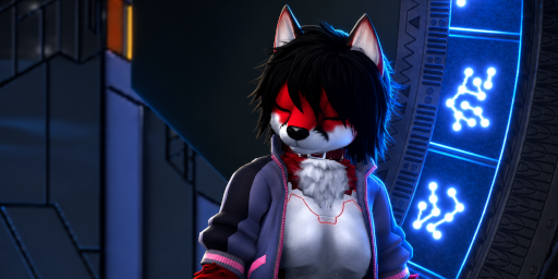 Ash Qin, a red, black, and white anthropomorphic fox-like character in a jacket, stands in a moody setting with glowing blue neon symbols of a Pegasus Alteran Stargate behind them.