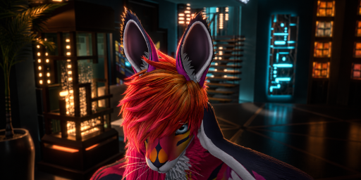Horny Nuzzle, a brightly colored anthropomorphic hare-like character in a Lantean hallway. The character has vivid red-orange hair covering one eye, large upright ears, pink and magenta fur with orange and dark facial markings, and white chest fur.