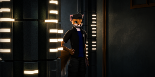 Peter Lameth, an anthropomorphic fox, stands in a dark futuristic hallway lit by glowing wall panels, wearing a black outfit and posing confidently.